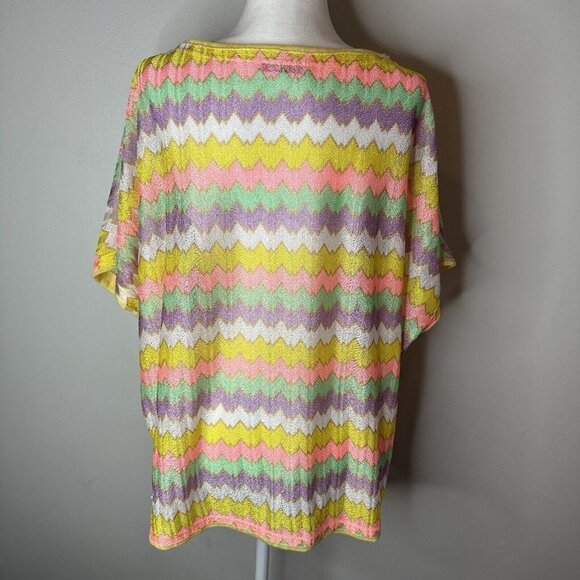 John P Greece Womens Colorful Striped Cap Sleeve Short Sleeve Hi Lo Top L - Picture 5 of 9